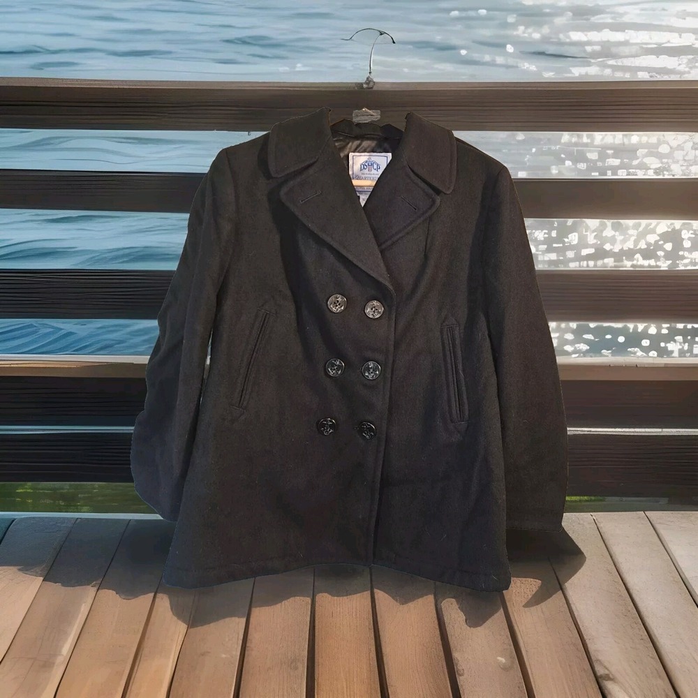 DSCP Navy Pea Coat Vintage Womens 14R Black‎ USA Heavy Wool Military look